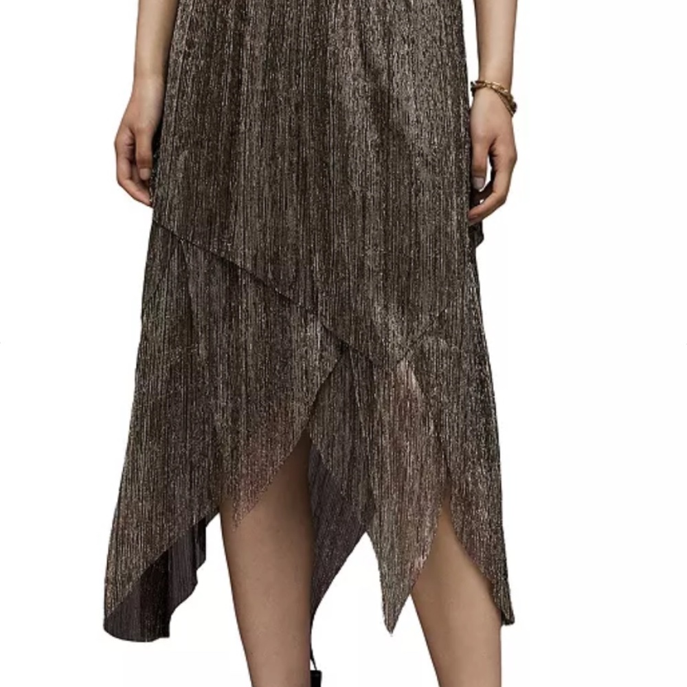 allsaints asymmetric tier gold metallic skirt